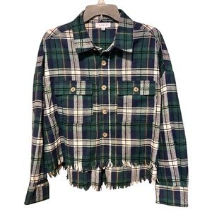 Mable M Green Plaid Flannel Cropped Raw Hem Long Sleeve Shacket Jacket Shirt